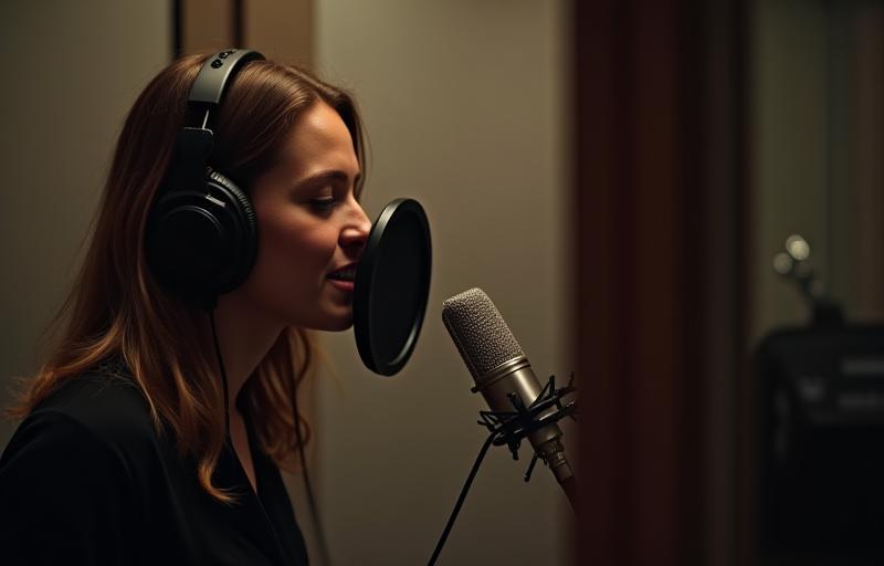 Músico gravando vocais em uma cabine de som de alta qualidade