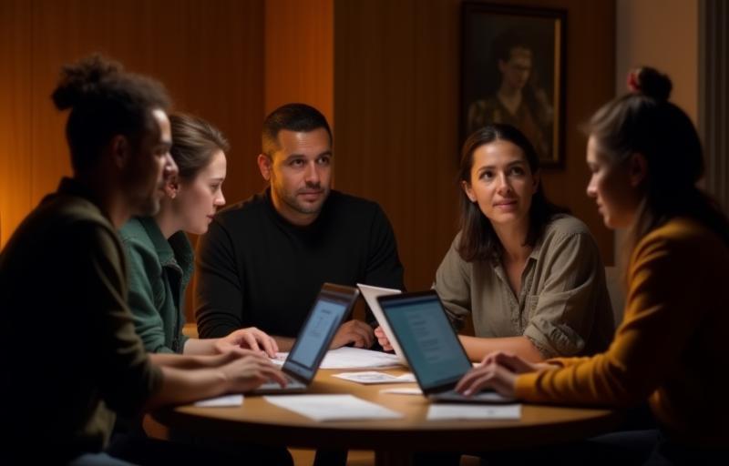 Membros da equipe discutindo um projeto na sala de estar do estúdio